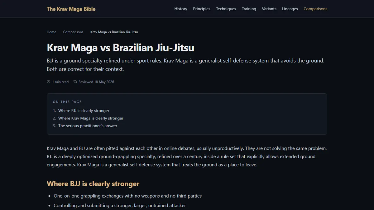 The Krav Maga Bible — Krav Maga vs BJJ: What Each System Actually Solves (And What It Doesn't)