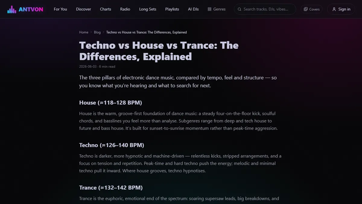 Antvon — Techno vs House vs Trance: How to Actually Tell Them Apart
