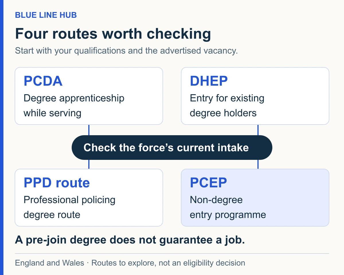 PCDA is a degree apprenticeship while serving; DHEP is for existing degree holders; the PPD route uses a professional policing degree; PCEP is a non-degree programme. Check the force’s current intake and eligibility. A pre-join degree does not guarantee a job.