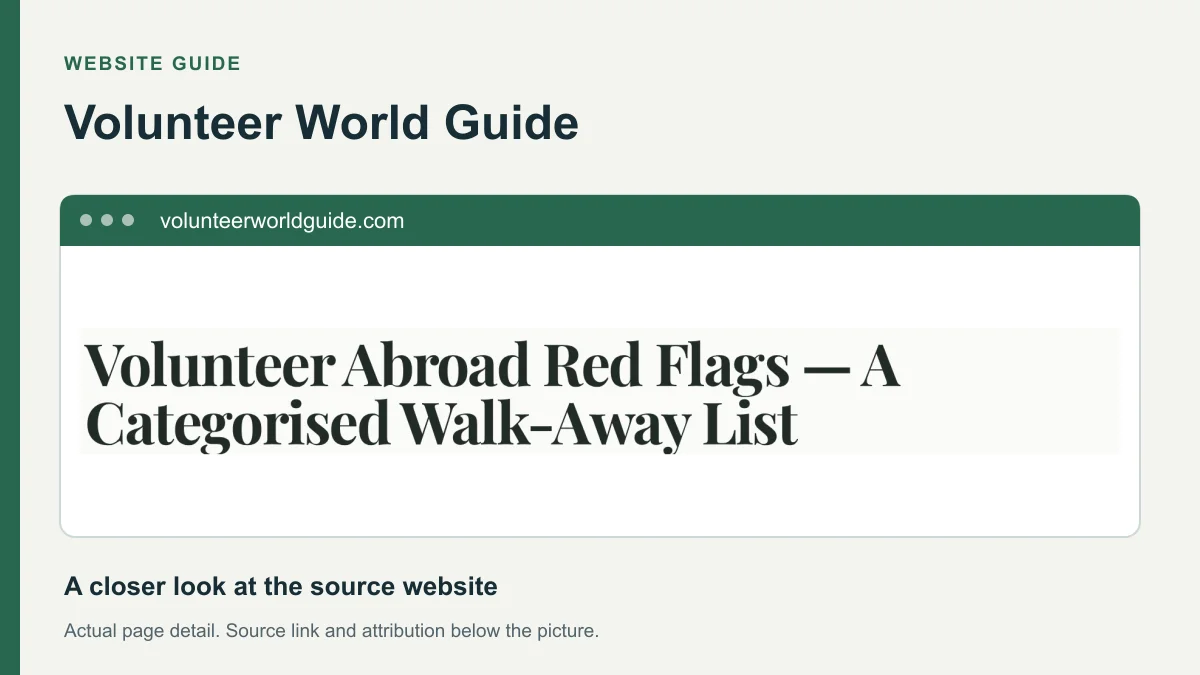 Volunteer World Guide website detail showing the heading: Volunteer Abroad Red Flags — A Categorised Walk-Away List.
