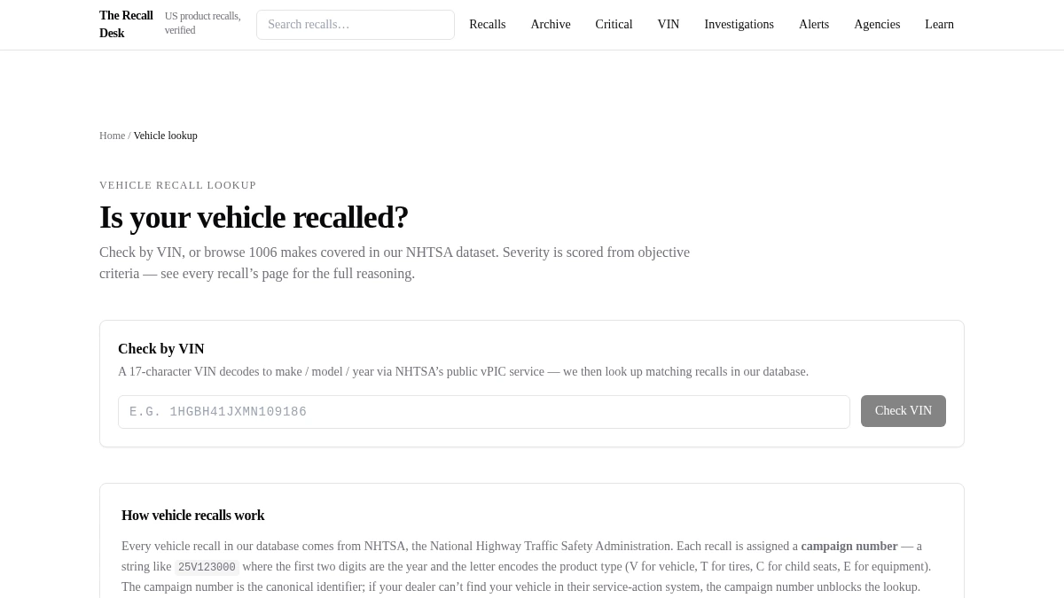 The Recall Desk vehicle-recall page with a VIN input and lookup explanation.