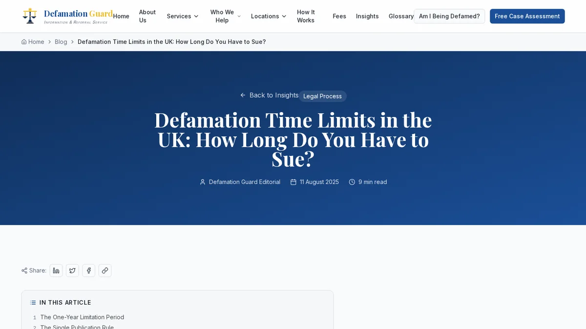 Defamation Guard Law page about defamation time limit uk, with its heading, navigation and introductory content.