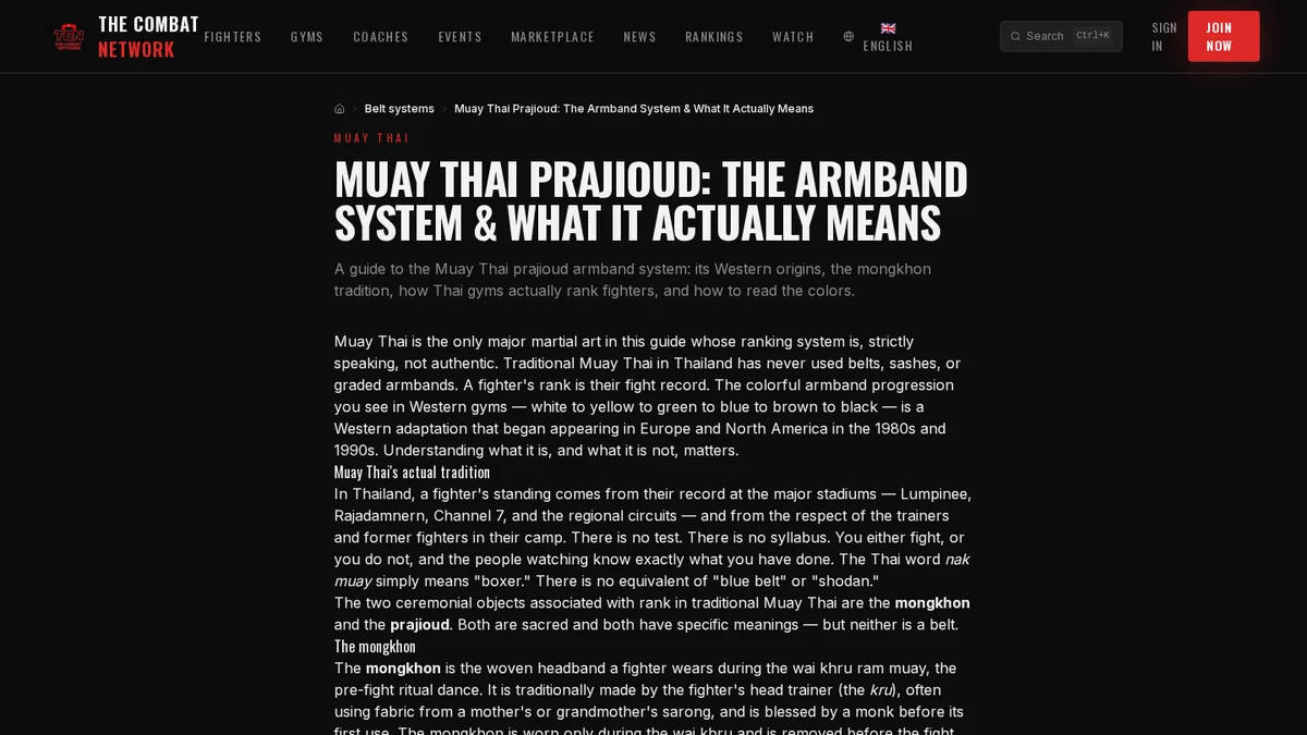 The Combat Network page about muay thai prajioud, with its heading, navigation and introductory content.