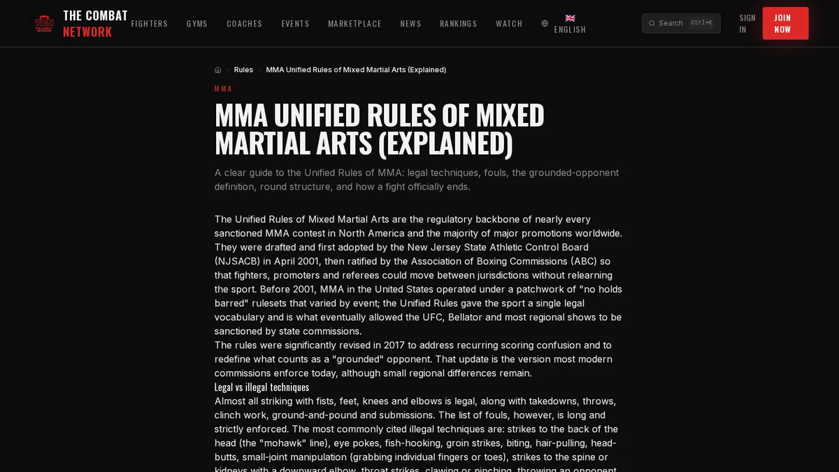 The Combat Network page about mma unified rules, with its heading, navigation and introductory content.
