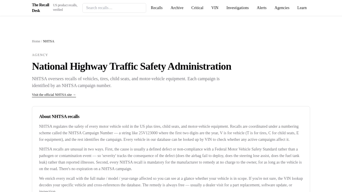The Recall Desk NHTSA category page and agency introduction.