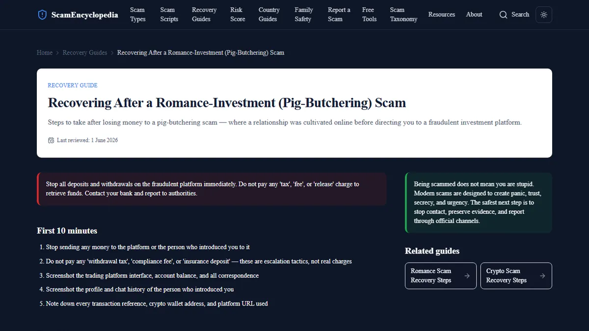 ScamEncyclopedia — After a Romance Scam: What Recovery Actually Looks Like (and What to Do First)