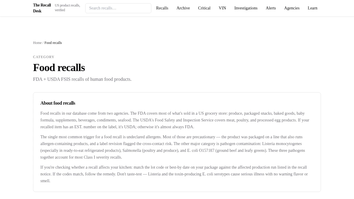 The Recall Desk food-recall category page and its introduction.