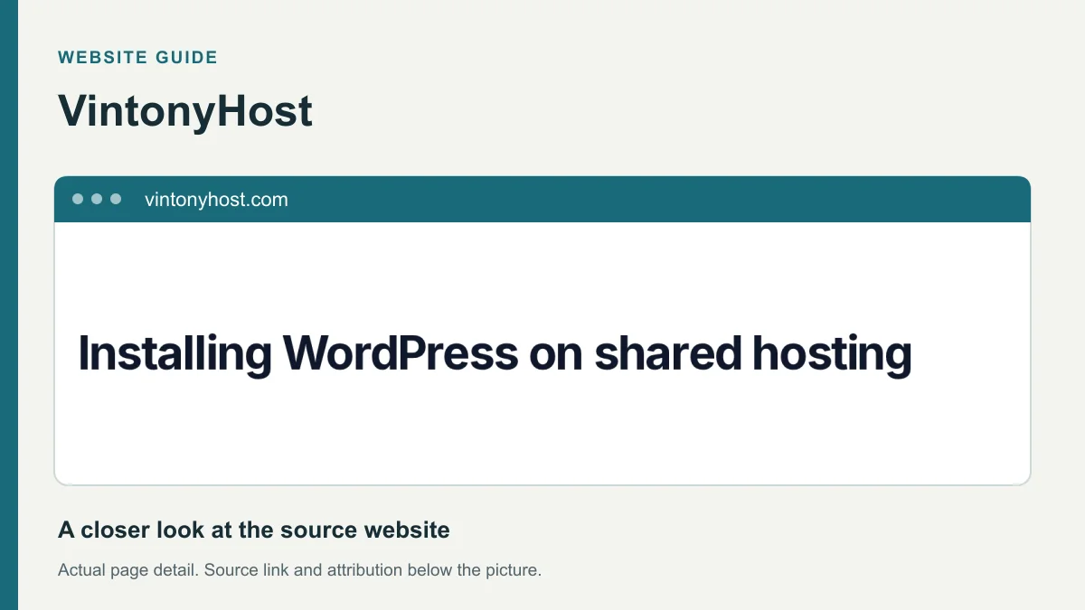 VintonyHost website detail showing the heading: Installing WordPress on shared hosting.