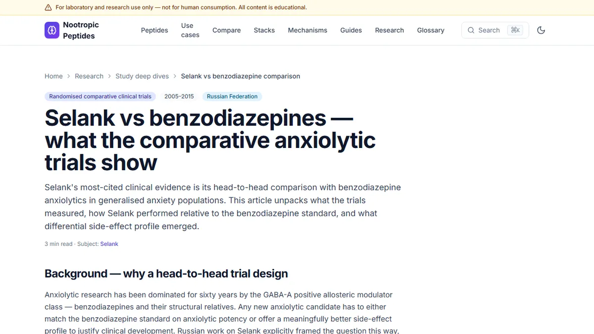 Nootropic Peptides — Selank vs Benzodiazepines: What the Comparative Research Actually Shows