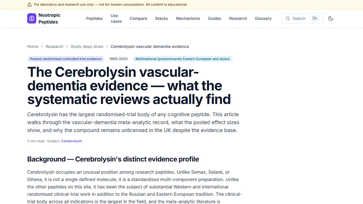 Nootropic Peptides — Cerebrolysin for Vascular Dementia: What the Systematic Reviews Actually Find