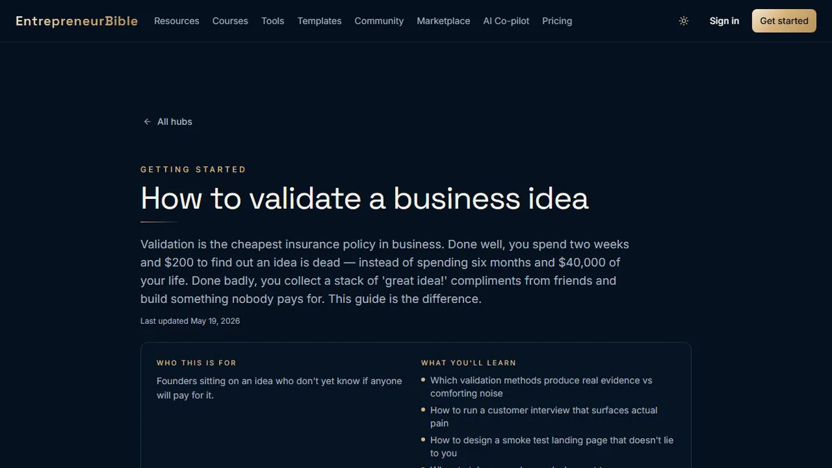 EntrepreneurBible — How to Validate a Business Idea Before Spending a Dollar