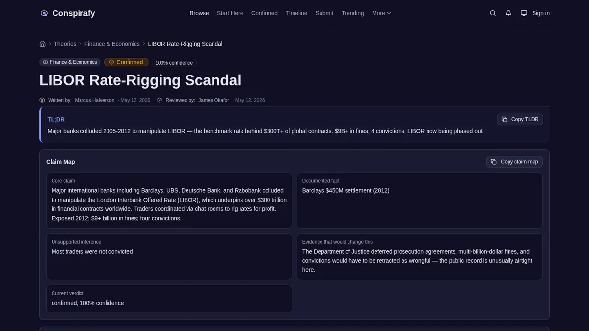 Conspirafy page about libor scandal, showing its topic heading and claim-map interface.