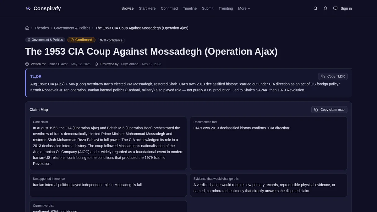 Conspirafy page about iran 1953 cia coup mossadegh, showing its topic heading and claim-map interface.