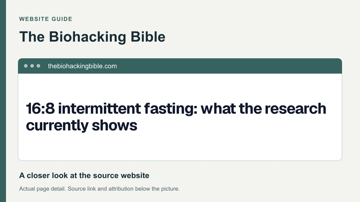 The Biohacking Bible website detail showing the heading: 16:8 intermittent fasting: what the research currently shows.