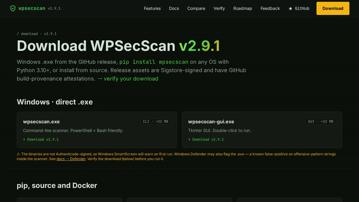 WPSecScan download page showing version 2.9.1 and the documented executable and Python installation choices.