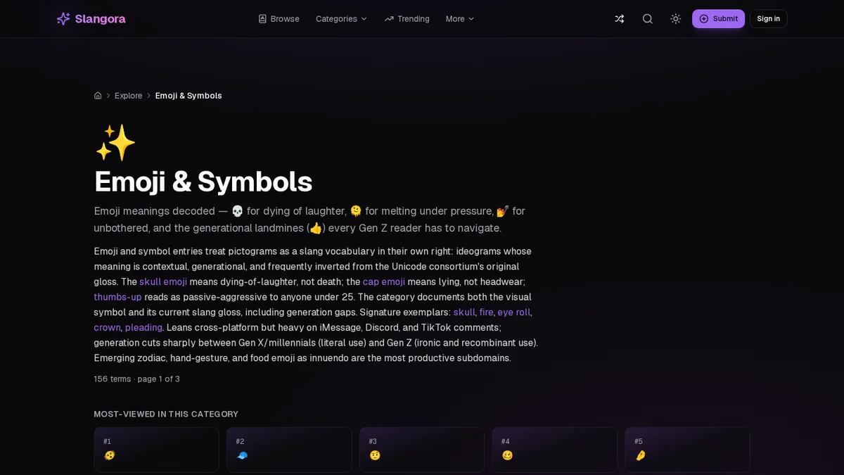 Slangora emoji page, showing its dictionary heading and language reference interface.