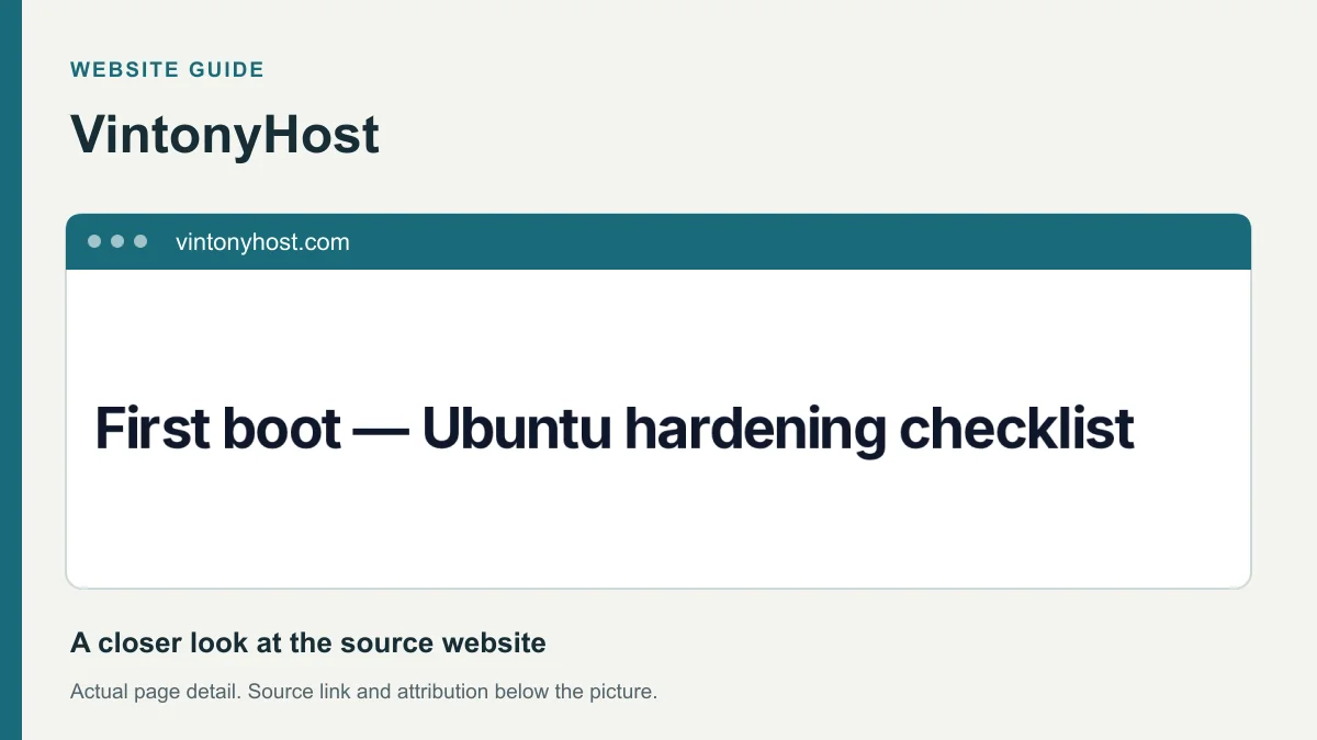 VintonyHost website detail showing the heading: First boot — Ubuntu hardening checklist.