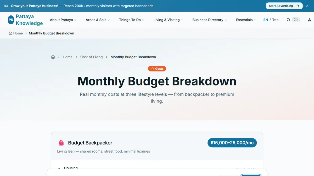 Pattaya Knowledge — The Honest Pattaya Monthly Budget: What 30k, 60k, and 100k THB Actually Gets You