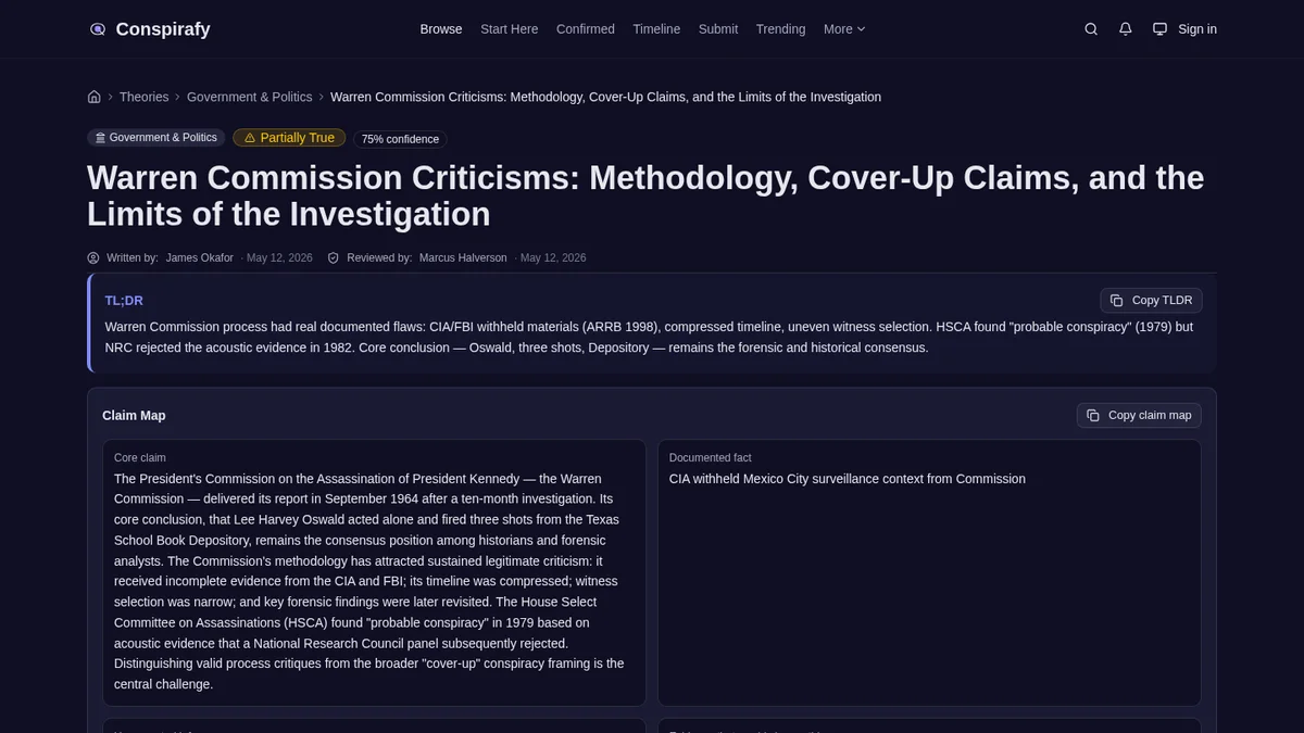 Conspirafy page about jfk warren commission criticisms, showing its topic heading and claim-map interface.