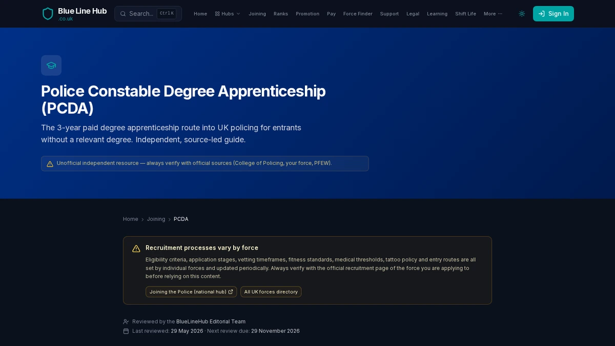 BlueLineHub guide to the Police Constable Degree Apprenticeship entry route.