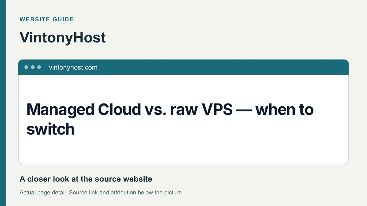 VintonyHost website detail showing the heading: Managed Cloud vs. raw VPS — when to switch.