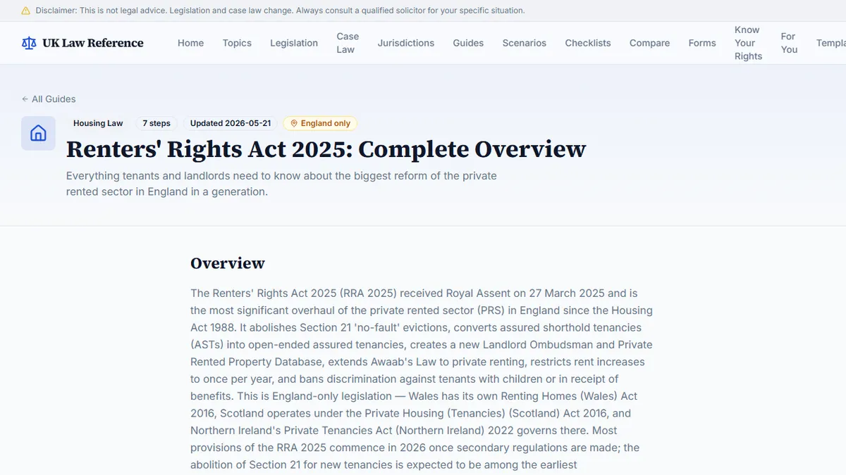 UK Law Reference — The Renters' Rights Act 2025: What Every Tenant in England Needs to Know