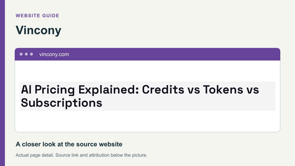 Vincony website detail showing the heading: AI Pricing Explained: Credits vs Tokens vs Subscriptions.