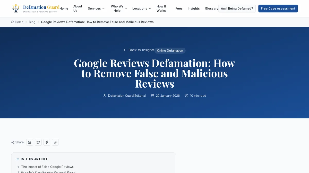 Defamation Guard Law page about google reviews defamation remove false reviews uk, with its heading, navigation and introductory content.