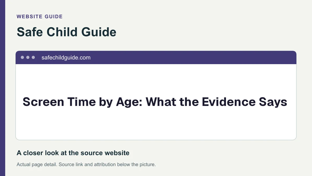 Safe Child Guide website detail showing the heading: Screen Time by Age: What the Evidence Says.