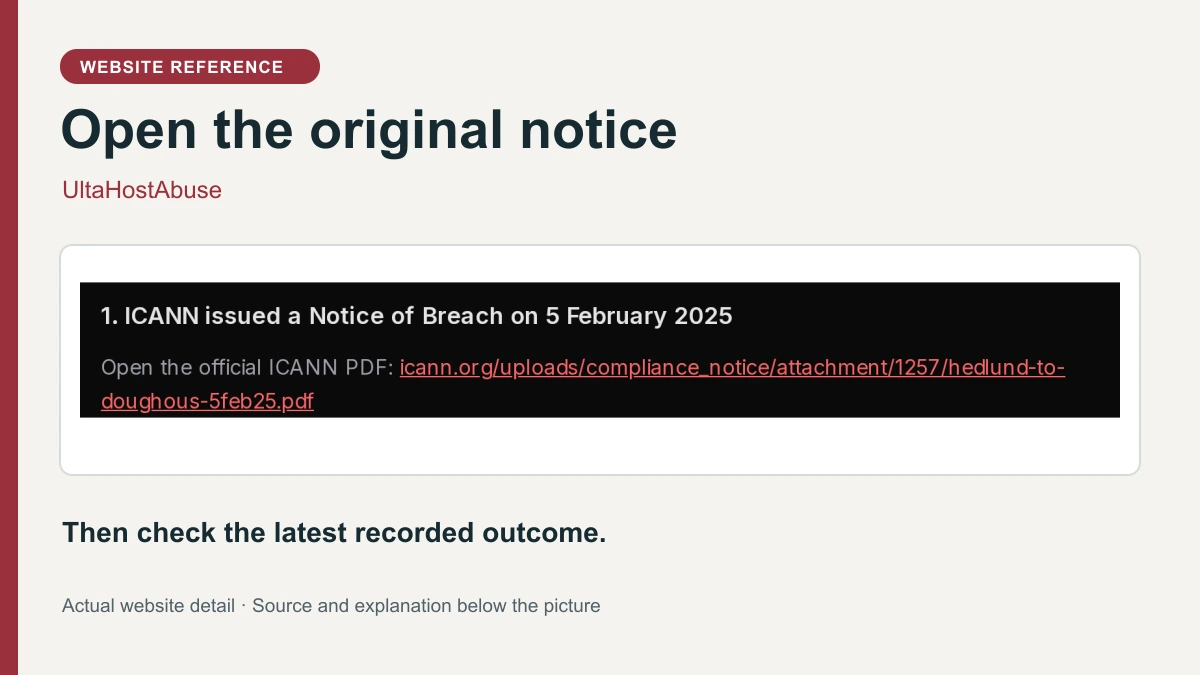UltaHostAbuse website detail: 1. ICANN issued a Notice of Breach on 5 February 2025. Then check the latest recorded outcome.