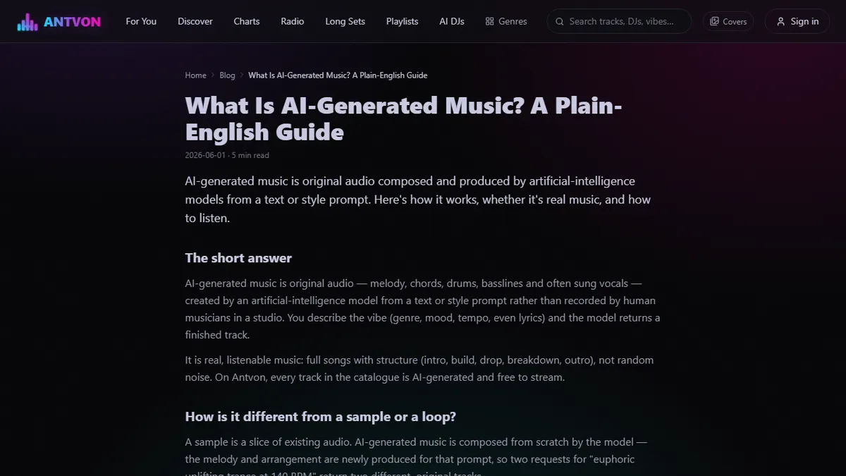 Antvon — What Is AI-Generated Music? A Plain-English Explainer for Curious Listeners